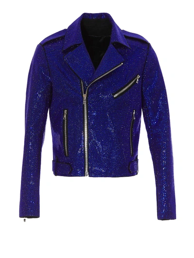 Shop Balmain Rhinestone Biker Jacket In Blue