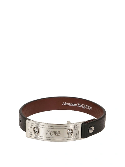 Shop Alexander Mcqueen Identity Leather Bracelet In Black