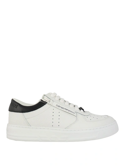 Shop Emporio Armani Branded Heel Leather Sneakers In White