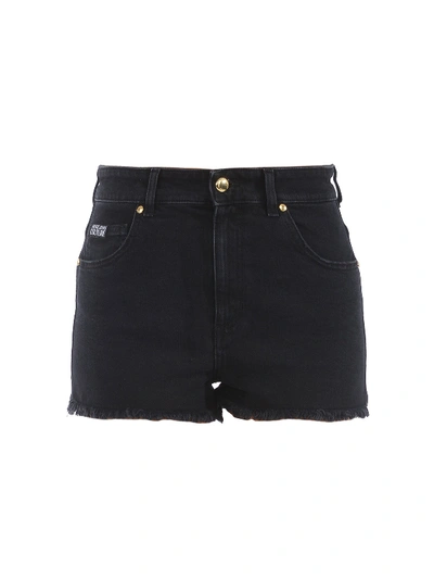 Shop Versace Jeans Couture Stone Wash Fringed Shorts In Black