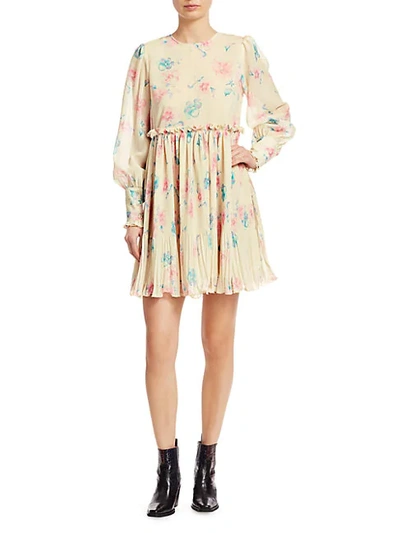 Shop Ganni Pleated Floral Georgette Babydoll Dress In Afterglow