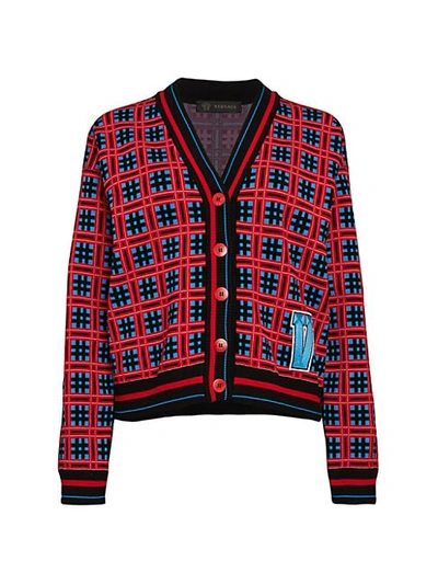 Shop Versace Check Varsity Cardigan Sweater In Red Print