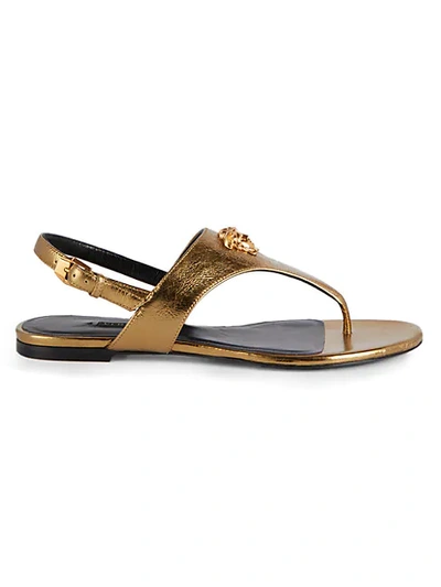 Shop Versace Metallic Leather Slingback Thong Sandals In Gold