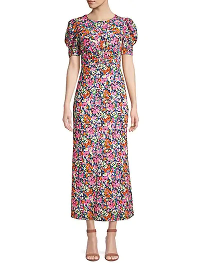 Shop Saloni Bianca Floral Silk Puff-sleeve Dress In Pemala Circle
