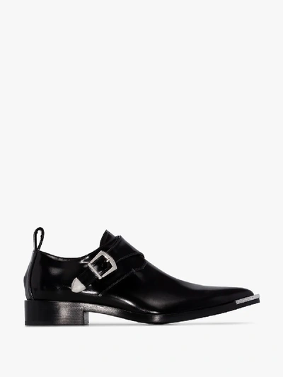 Shop Paco Rabanne Black Buckled Leather Derby Shoes