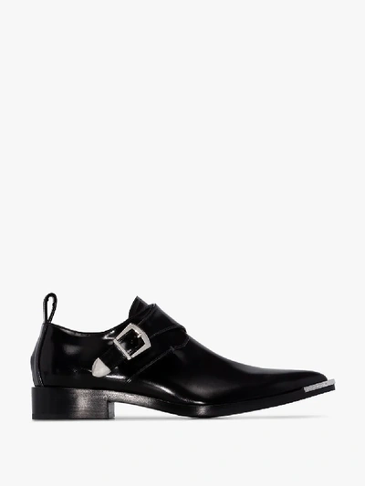 Shop Rabanne Black Buckled Leather Derby Shoes