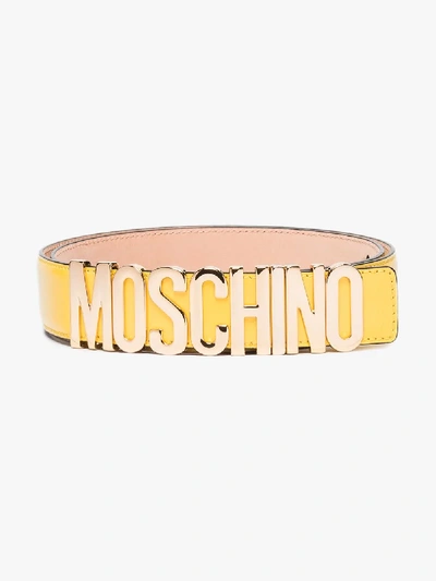 Shop Moschino Yellow Logo Leather Belt