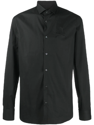 Shop Philipp Plein Skull Embroidered Long Sleeve Shirt In Black