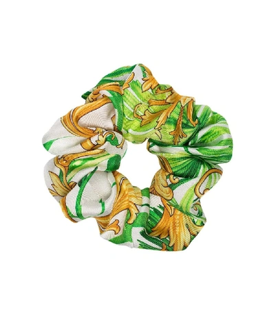 Shop Versace Silk Barocco Print Hair Scrunchie In Green/ White