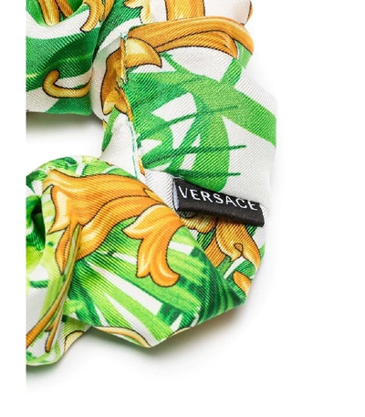Shop Versace Silk Barocco Print Hair Scrunchie In Green/ White
