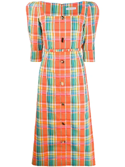 Shop Rejina Pyo Button Down Checked Print Dress In Orange