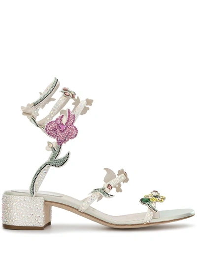 Shop René Caovilla Rhinestone-embellished Floral Sandals In White