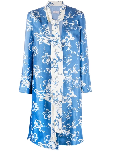 Shop Alberto Biani Silk Floral Print Coat In Blue