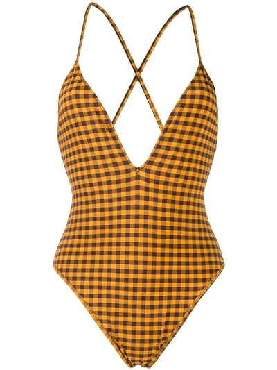 Shop Fendi Gingham Check Swimsuit In Brown