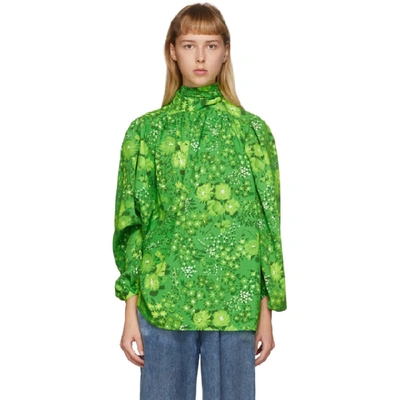 Shop Balenciaga Green Silk Floral Twisted Blouse In 3001 Green