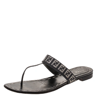 Pre-owned Fendi Black Ff Canvas And Leather Flat Thong Sandals Size 37.5