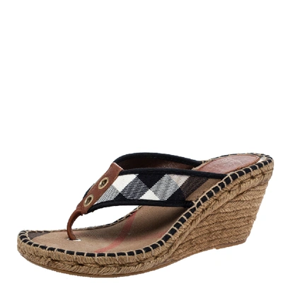 Pre-owned Burberry Beige/black Novacheck Canvas Espadrille Thong Wedge Sandals Size 39