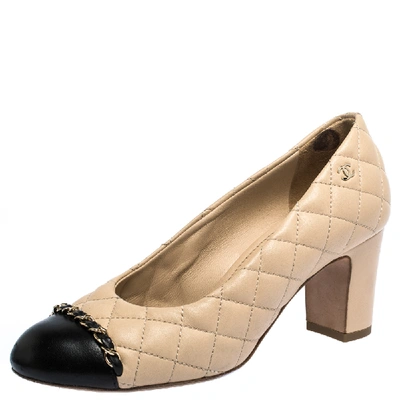 Pre-owned Chanel Beige/black Quilted Leather Chain Detail Block Heel Pumps Size 36