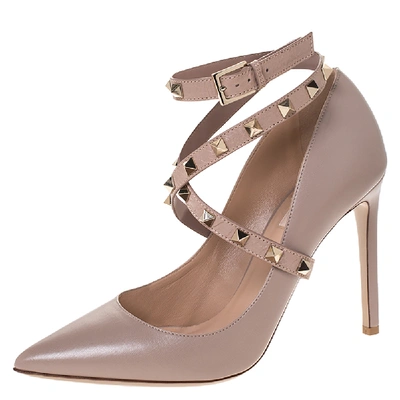 Pre-owned Valentino Garavani Beige Leather Rockstud Ankle Wrap Pointed Toe Pumps Size 38