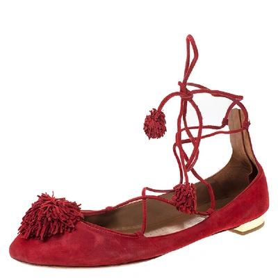 Pre-owned Aquazzura Aquaazzura Red Suede Leather Fringe Tassel Ankle Wrap Ballet Flats Size 40.5