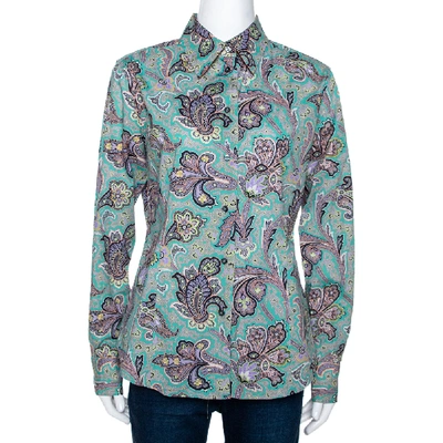 Pre-owned Etro Jade Green Floral Paisley Print Stretch Cotton Long Sleeve Shirt L