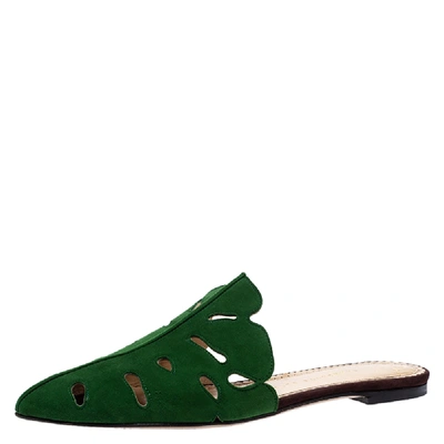 Pre-owned Charlotte Olympia Green Suede Verdant Flat Mules Size 40