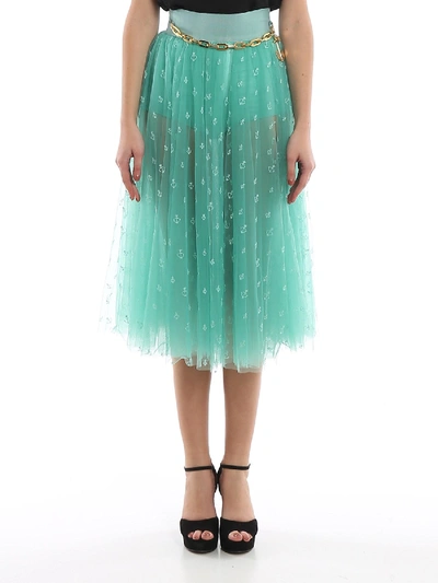 Shop Elisabetta Franchi Anchor Embroidery Tulle Skirt In Light Blue