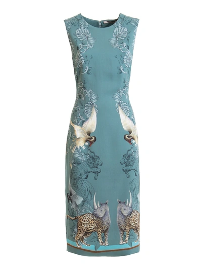 Shop Roberto Cavalli Hybrid Animals Print Viscose Dress In Light Blue