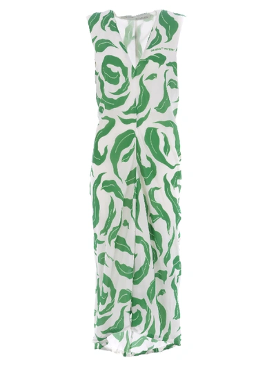 Shop Off-white Abito Longuette Off White Leaves Illusion Draping In Seta E Viscosa In Bianco/verde