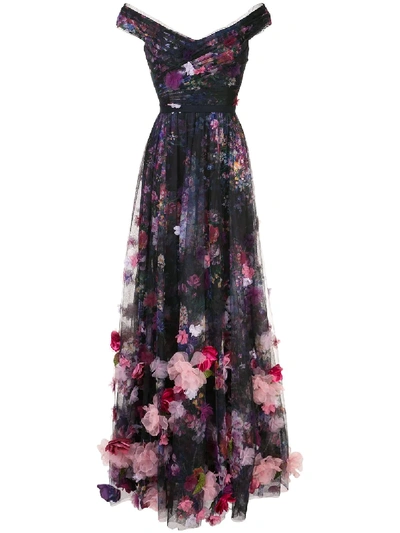 Shop Marchesa Notte Floral-print Floor-length Gown In Black