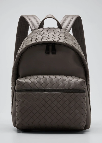 Shop Bottega Veneta Men's Borsa Medium Woven Leather Backpack In Light Gray