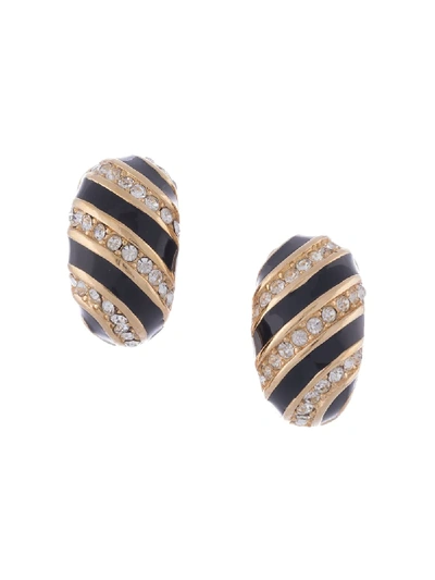 Pre-owned Dior 1980s Rhinestone Embellished Oval Earrings In Gold