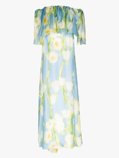 Shop Carolina Herrera Off-the-shoulder Ruffle Silk Evening Gown In Blue