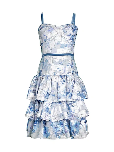 Shop Marchesa Notte Jacquard Metallic Ruffle Fit-&-flare Dress In Light Blue