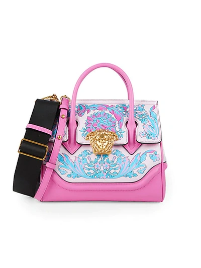 Shop Versace Floral Leather Satchel In Peony