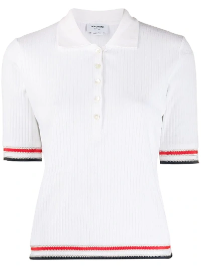 Shop Thom Browne Stripe Detail Ribbed Polo Top In White