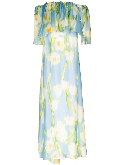 Shop Carolina Herrera Off-the-shoulder Ruffled Gown In Blue