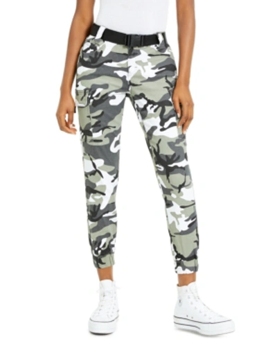 Shop Almost Famous Juniors' Printed Seat-belt Cargo Jogger Pants In White Camo