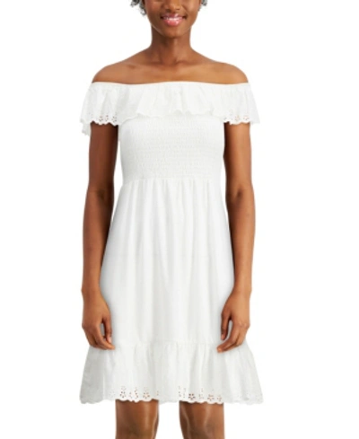 Shop Almost Famous Juniors' Eyelet-ruffled Smocked Dress In White