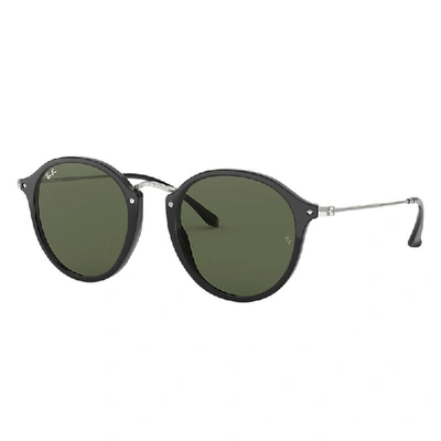 Shop Ray Ban Sunglasses Unisex Round Fleck - Black Frame Green Lenses 49-21 In Silver