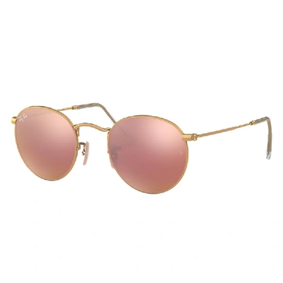 Ray Ban Round Flash Lenses Sunglasses Gold Frame Copper Lenses 53-21 In Gold
