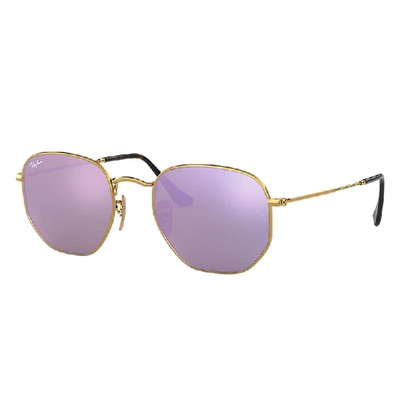 Shop Ray Ban Hexagonal Flat Lenses Sunglasses Gold Frame Violet Lenses 48-21