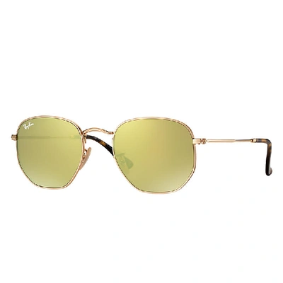 Shop Ray Ban Hexagonal Flat Lenses Sunglasses Gold Frame Yellow Lenses 54-21