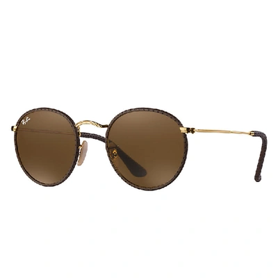 Shop Ray Ban Sunglasses Man Round Craft - Brown Frame Brown Lenses 50-21 In Gold