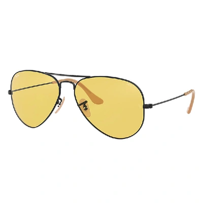 RAY BAN AVIATOR WASHED EVOLVE SUNGLASSES BLACK FRAME YELLOW LENSES 58-14 