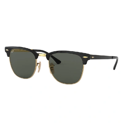 Shop Ray Ban Sunglasses Unisex Clubmaster Metal - Black On Gold Frame Green Lenses Polarized 51-21