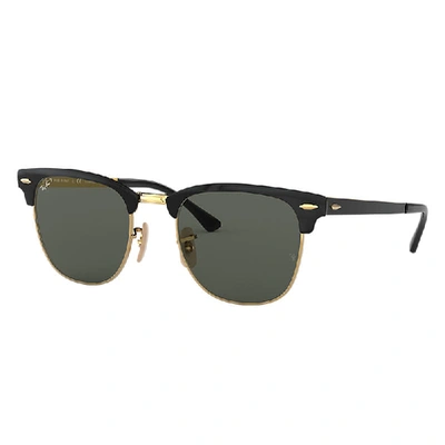 Ray Ban Clubmaster Metal Sunglasses Black Frame Green Lenses Polarized 51-21 In Black On Gold