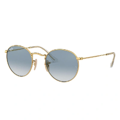 Ray Ban Round Flat Lenses Sunglasses Gold Frame Blue Lenses 53-21 In Gold