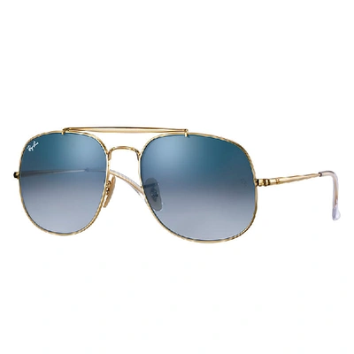 Shop Ray Ban General Sunglasses Gold Frame Blue Lenses 57-17