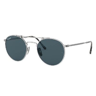Shop Ray Ban Round Double Bridge Titanium Sunglasses Silver Frame Blue Lenses Polarized 50-21 In Silber